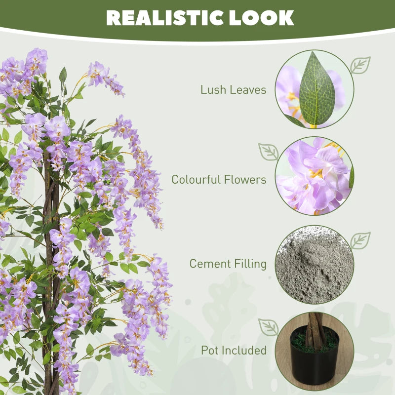 5.9FT Fake Wisteria Tree with Natural Wood Trunk, Artificial Plant in Nursery Pot, Greenery Tall Faux Floor Plant Purple