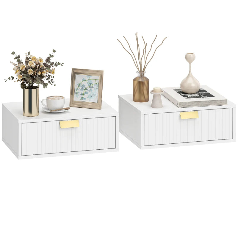 Modern Floating Nightstands Set of 2, Wall Mounted Bedside Tables with Wave Drawer White