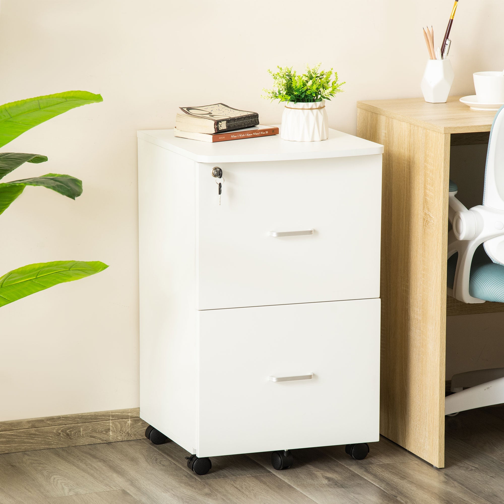 Vinsetto 2 Drawer Wood Mobile File Cabinet with Lock Office Filing Storage Locking Wheels Home Study White