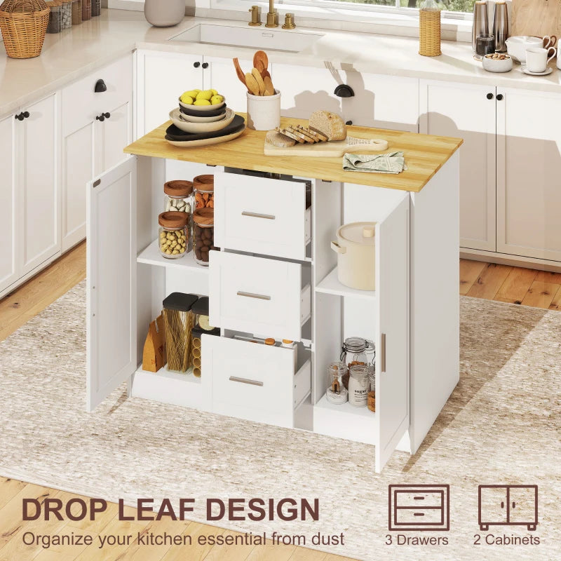Kitchen Island with Storage Cabinets, Spacious Countertop 3 Drawers, 2 Adjustable Shelves and Sitting Space for Dining Room, White