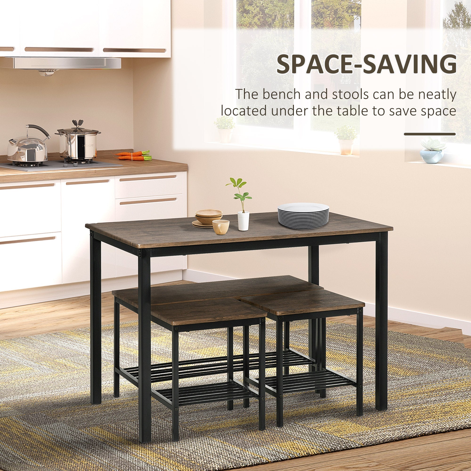 HOMCOM Industrial Dining Set: 4-Person Kitchen Table with Chairs and Bench, Metal Frame with Storage Shelf
