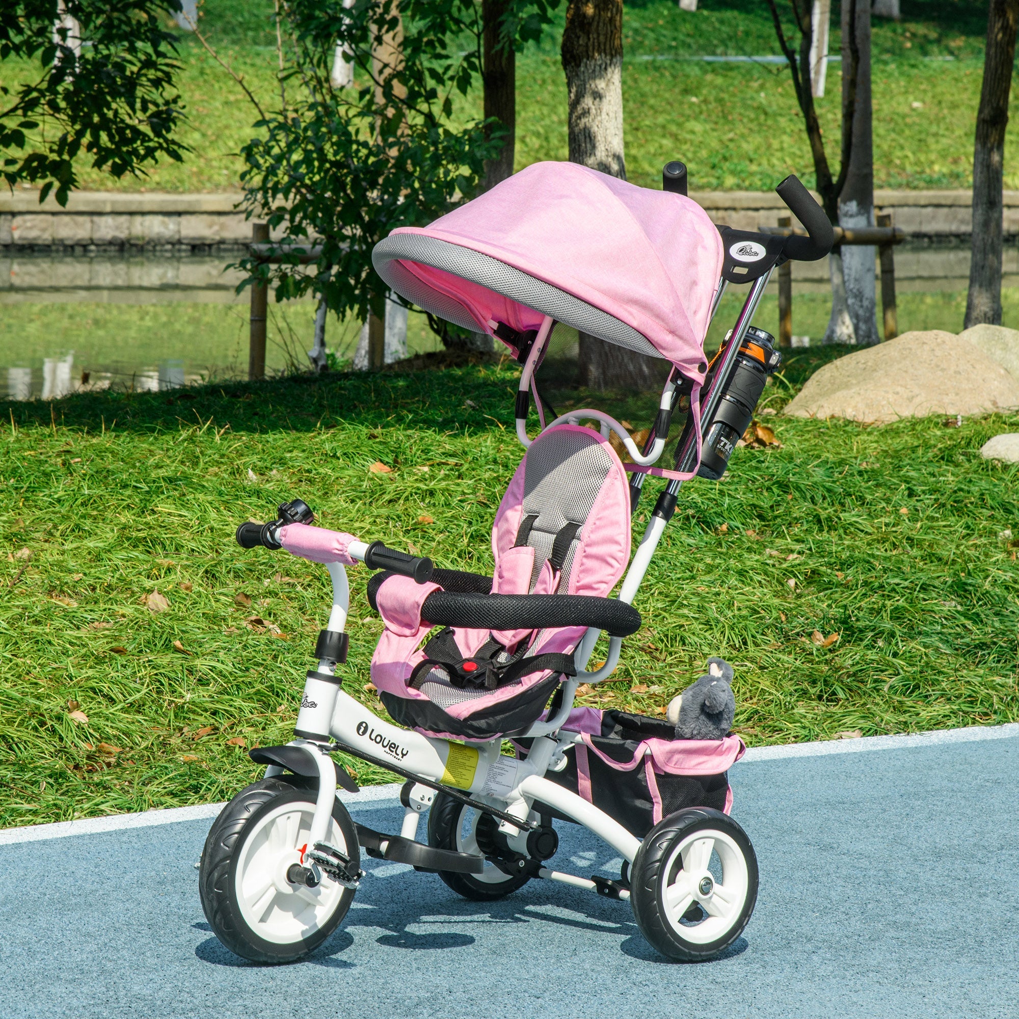 Qaba 4-in-1 Convertible Toddler Tricycle Stroller with Canopy Basket Safety Harness for Kids 12-60 Months Pink