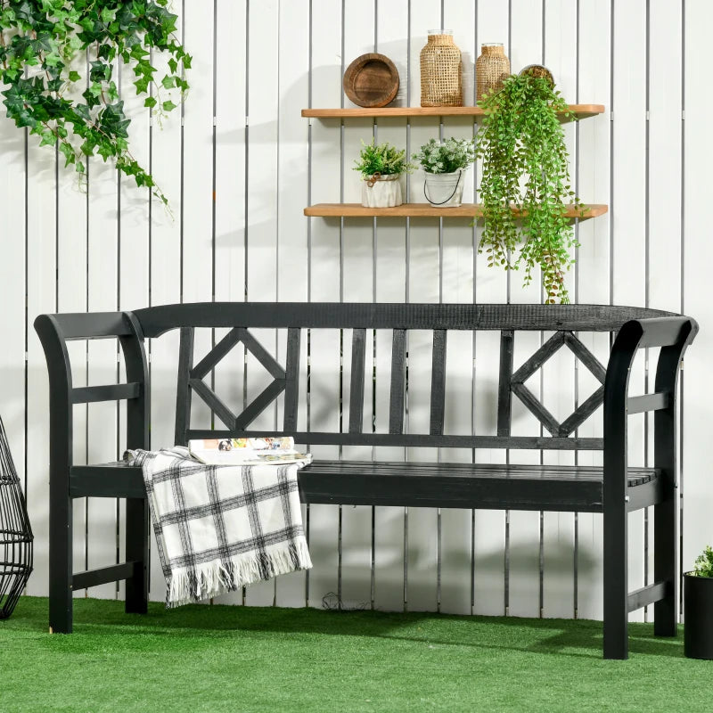 Wooden Outdoor Bench, 3 Person Patio Garden Bench with Diamond Pattern Backrest, Slatted Seat, 792 LBS Capacity, Black