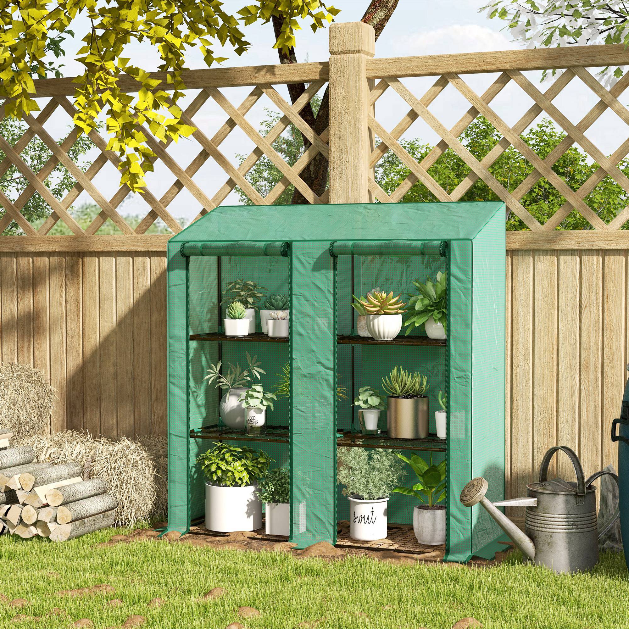 Outsunny Compact Portable Mini Greenhouse with 3 Tier Shelves Reinforced PE Cover Roll-up Door for Garden 56.3" x 18.1" x 59.4"