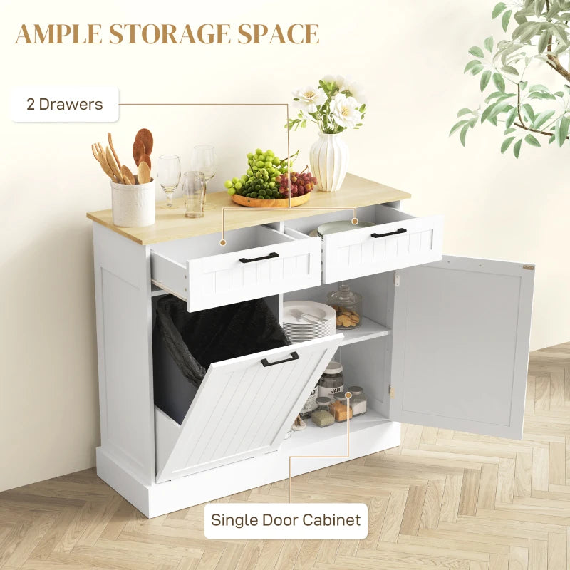 Hidden Garbage Bin Cabinet, Tilt Out Trash Cabinet w/ 2 Drawers, Freestanding Kitchen Island for Laundry, White