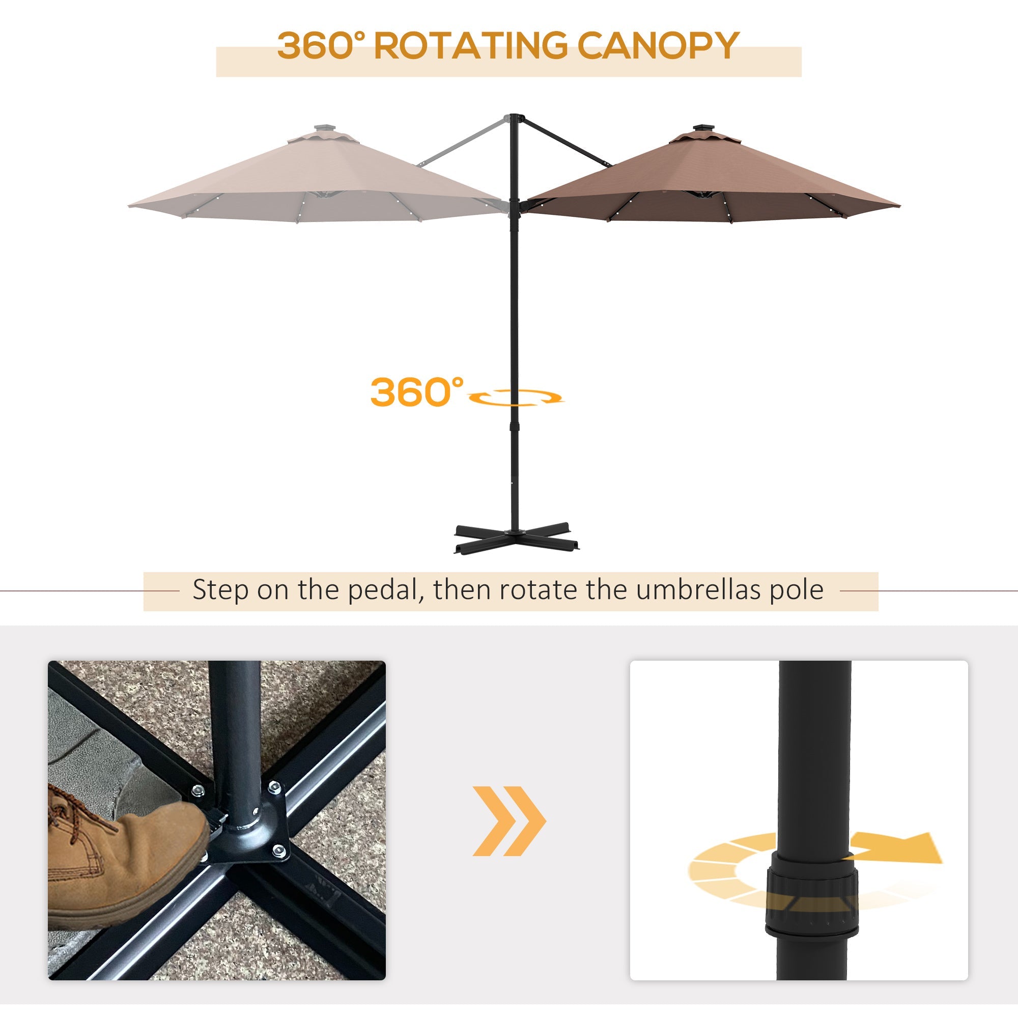 Outsunny 9.6'x8.5' Cantilever Umbrella Solar LED Lights Rectangle Hanging Offset 360° Rotation