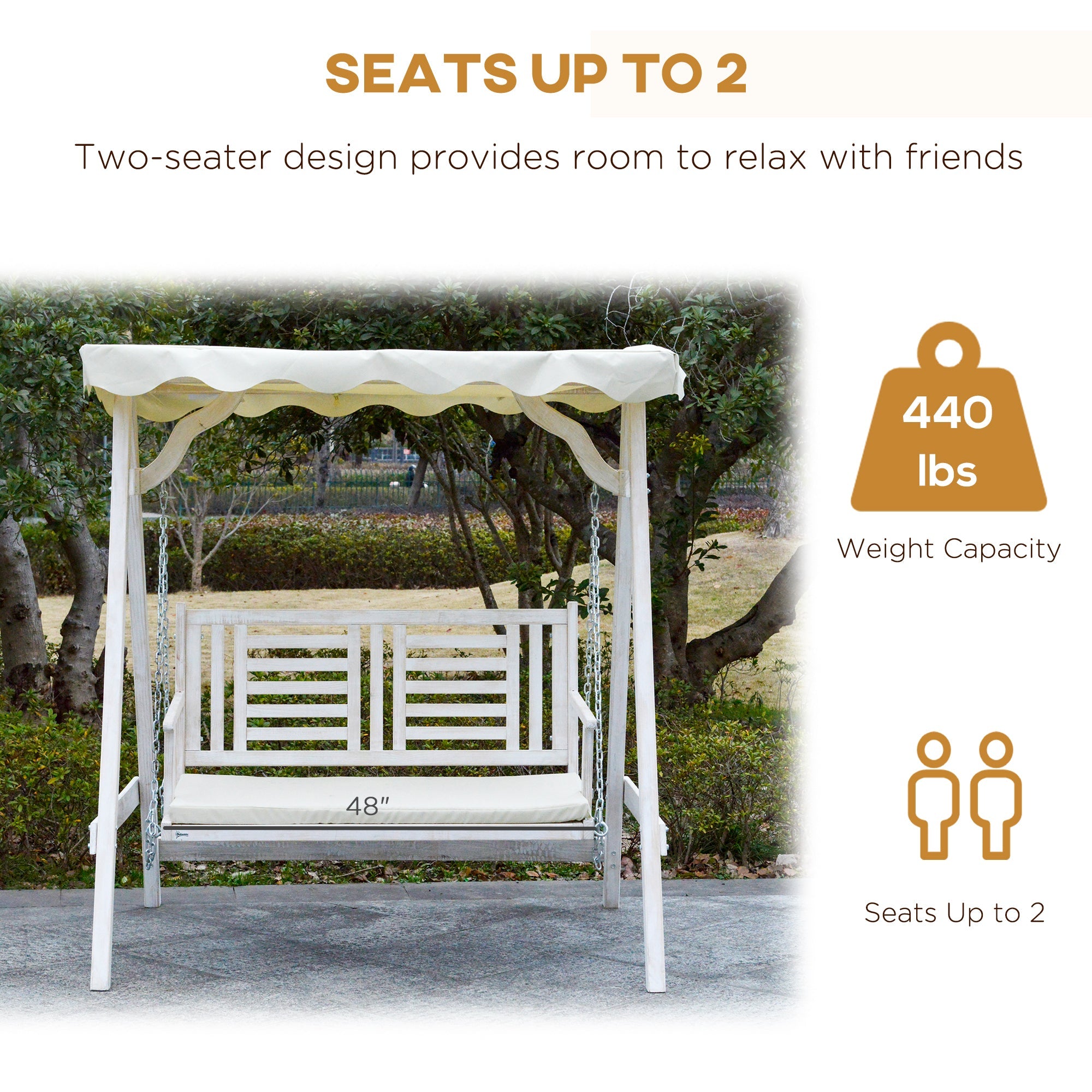 Outsunny Porch Perfection: 2-Seater Swing with Stand, Canopy, Cushion, Outdoor Wooden Swing Chair Bench