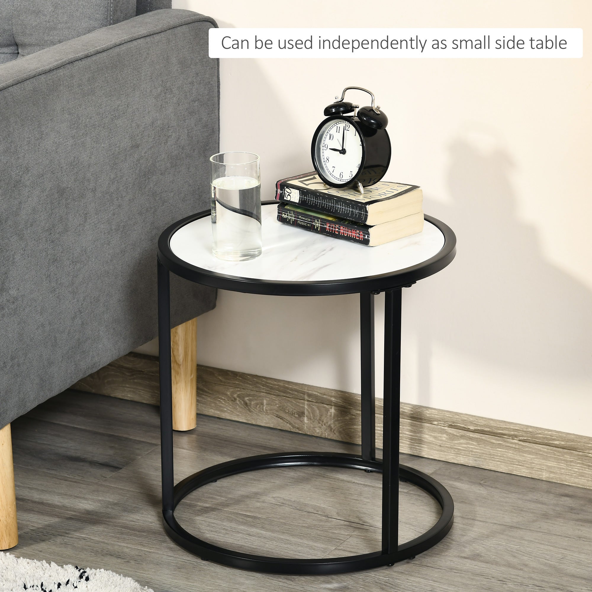 HOMCOM Round Nesting Coffee Table Set of 2 Stacking Modern Accent Tables Faux Marble Tabletop Metal Frame White