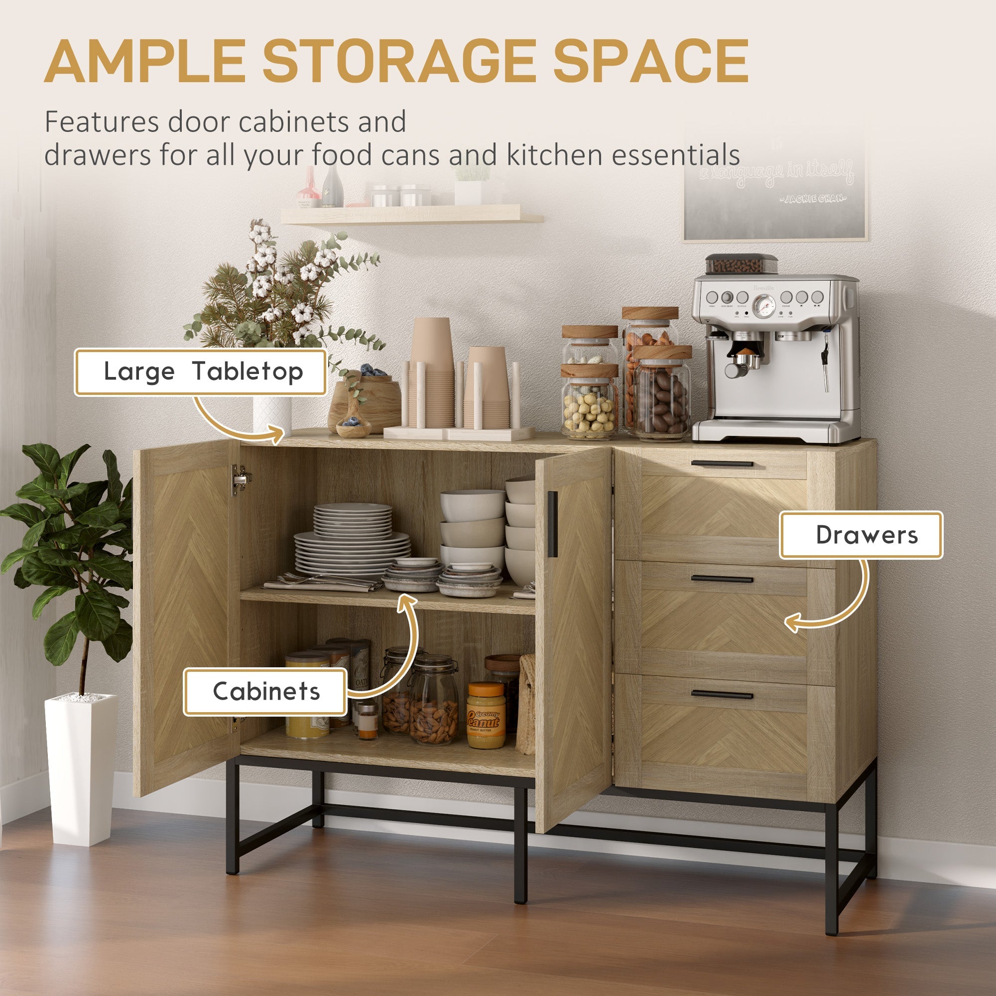 HOMCOM Buffet Cabinet, Coffee Bar Cabinet with Drawers and Adjustable Shelf, Oak