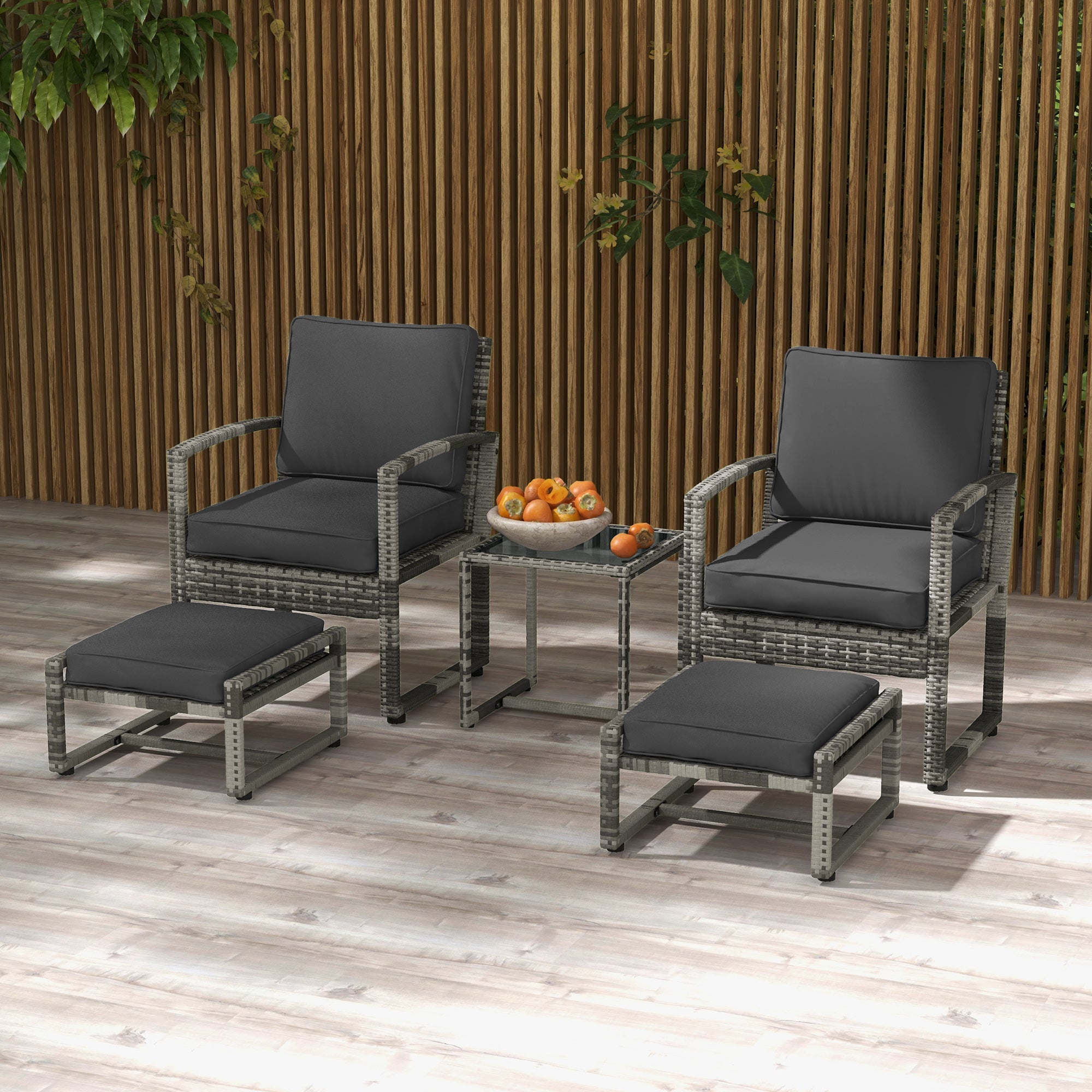 Outsunny 5Pc Patio Set with Armchair Stool Table Cushions Wicker Conversation Sofa Outdoor Garden Furniture