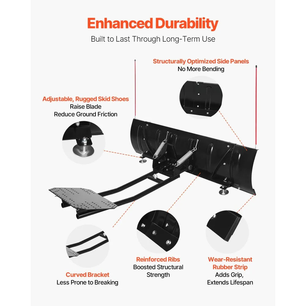 Adjustable ATV UTV Snow Plow Blade, 43–72 Inch Steel Plow Kit with Rubber Flaps