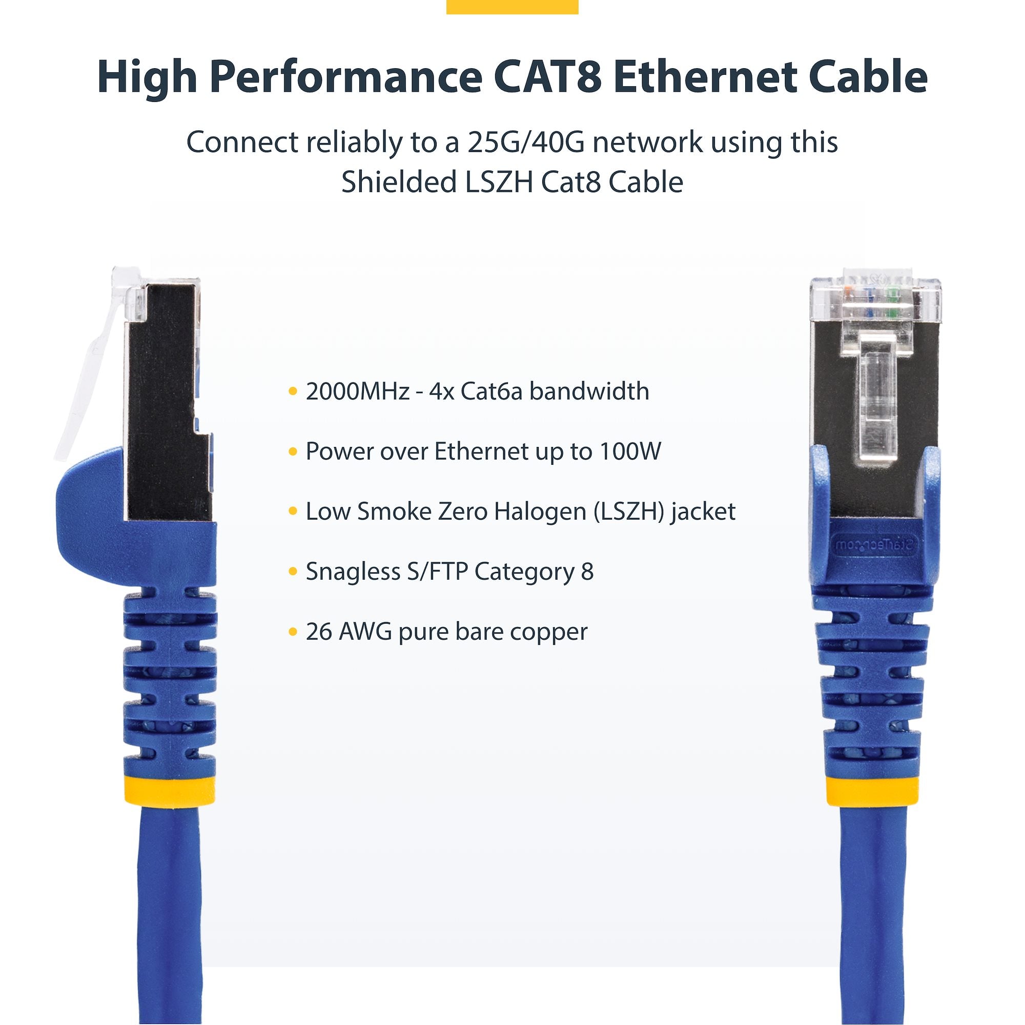 Blue CAT8 Ethernet Cable, Snagless RJ45, 25G/40G, 2000MHz, 100W PoE++, S/FTP, 26AWG Pure Bare Copper Wire, LSZH, Shielded Network Patch Cord w/Strain Reliefs, Fluke Channel Tested