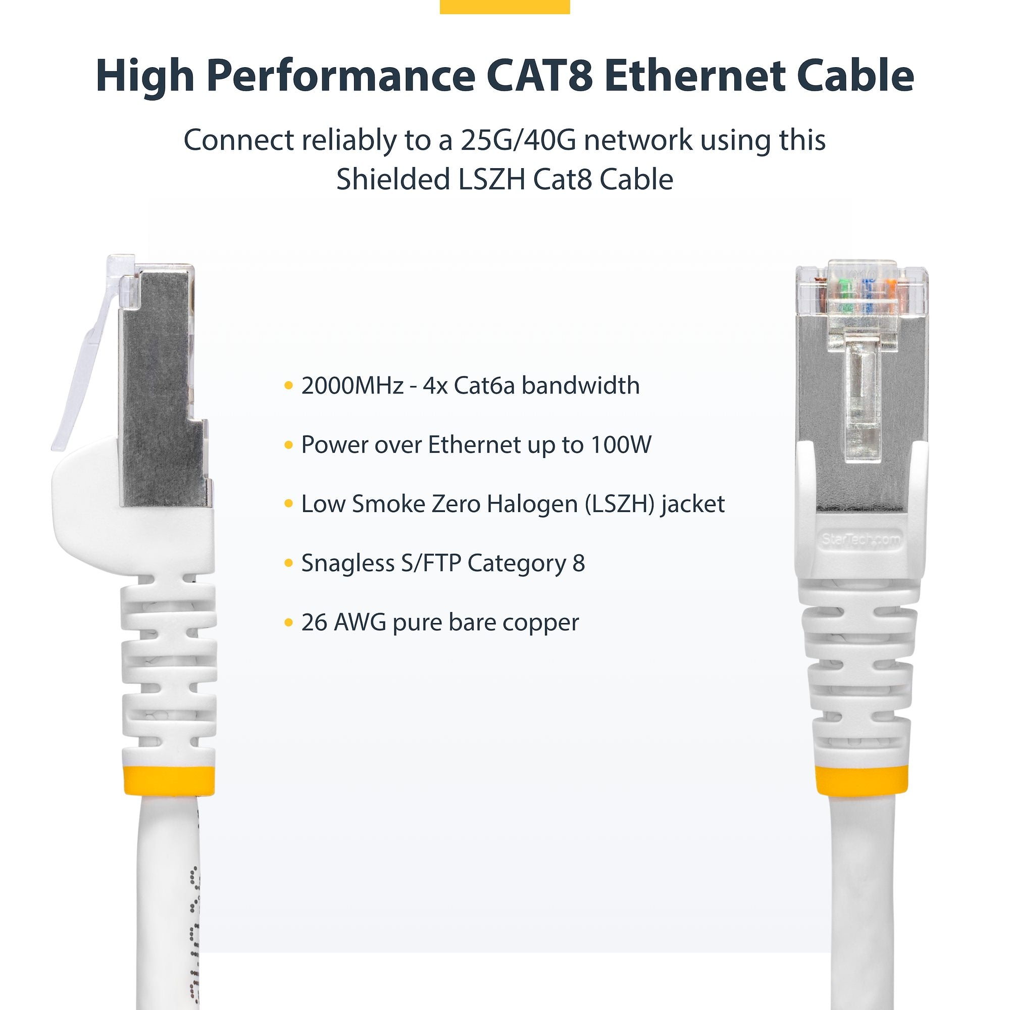 White CAT8 Ethernet Cable, Snagless RJ45, 25G/40G, 2000MHz, 100W PoE++, S/FTP, 26AWG Pure Bare Copper Wire, LSZH, Shielded Network Patch Cord w/Strain Reliefs, Fluke Channel Tested