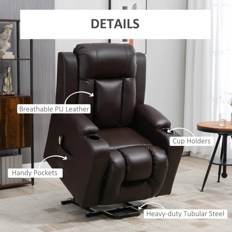 Electric Power Lift Chair, PU Leather Recliner Sofa with Footrest, Remote Control and Cup Holders, Brown