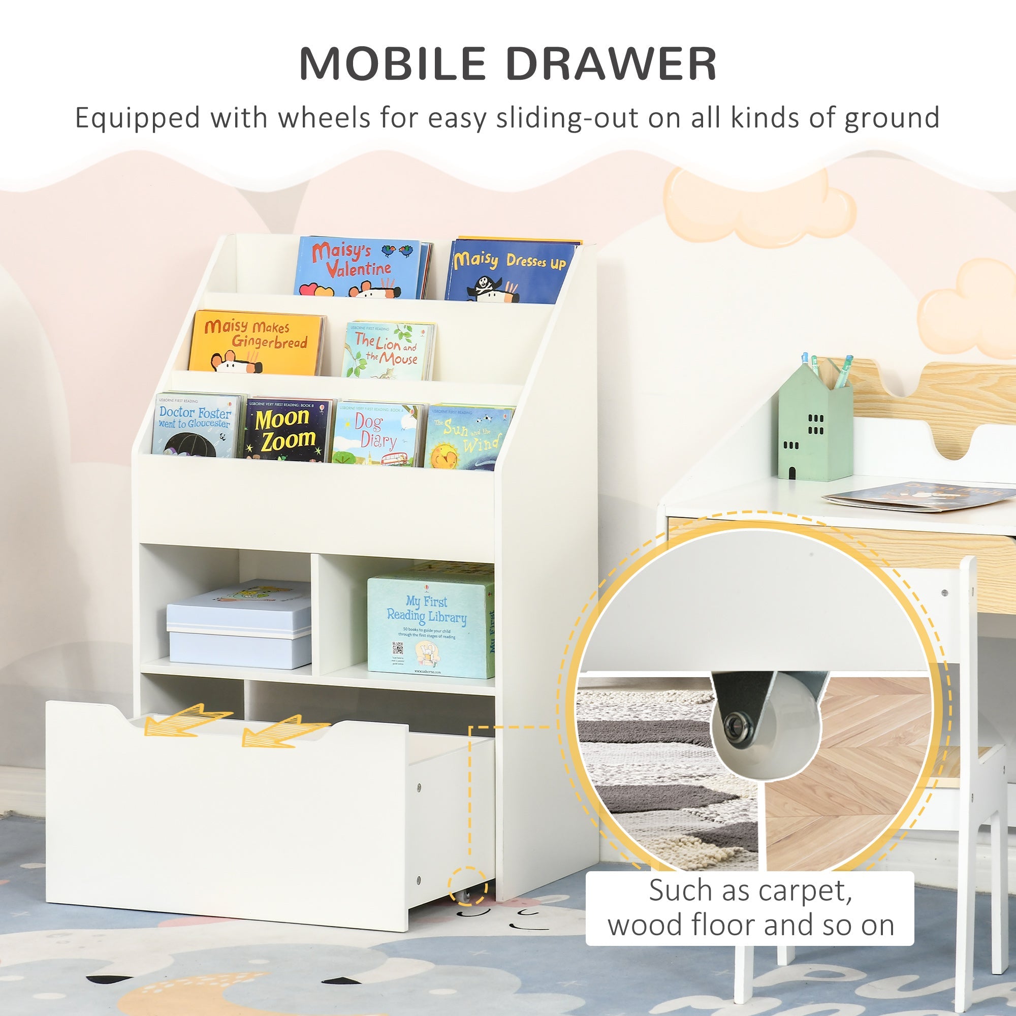 HOMCOM Kids Bookcase Multi Shelf Rack Organizer Storage Drawer Reading Nook Classroom Bedroom Playroom White