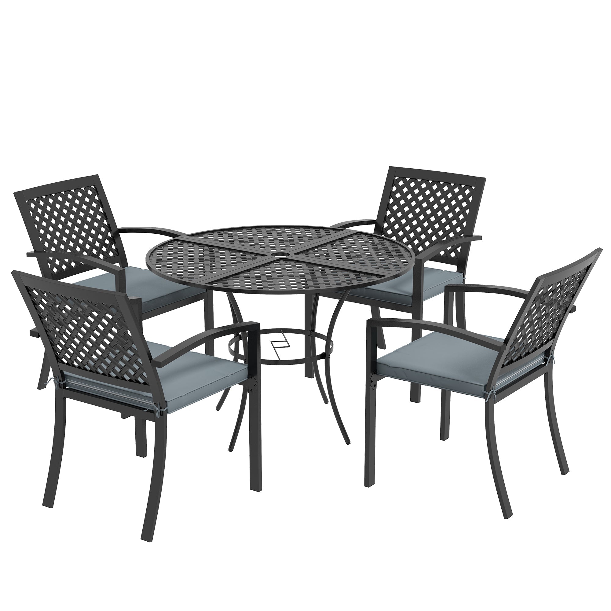 Outsunny 5-Piece Outdoor Dining Set with 4 Stackable Cushioned Armchairs,Umbrella Hole Metal Plate Table, for Deck Grey