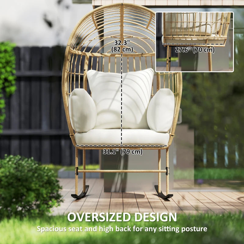 Oversized Rocking Chair, Indoor Outdoor Egg Chair w/ Thickened Cushions, Wicker Patio Lounger for Porch, Balcony, Beige