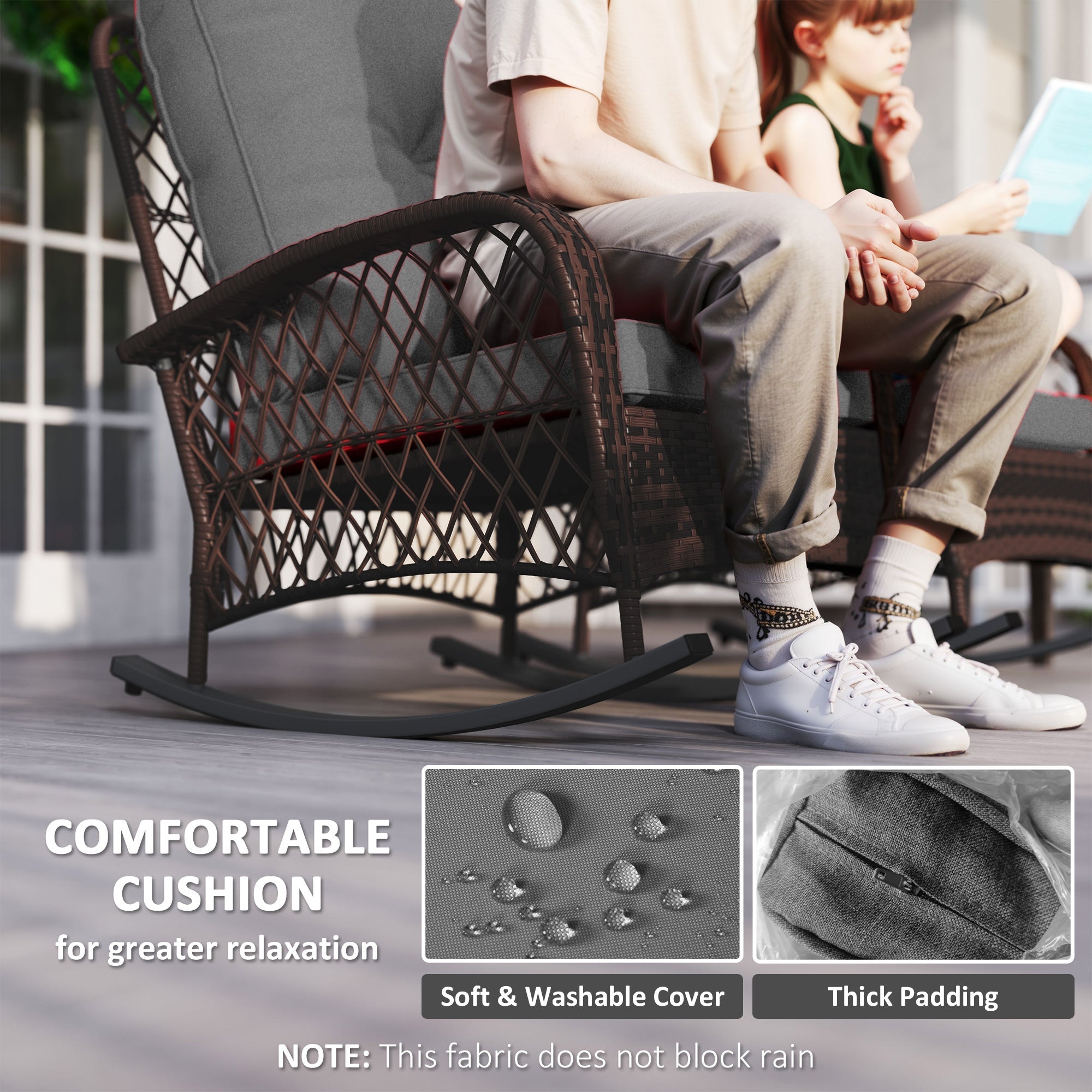Outsunny Outdoor Wicker Rattan Rocking Chair Set of 2, Patio Rocker with Thick Cushions for Garden Backyard Porch, Grey