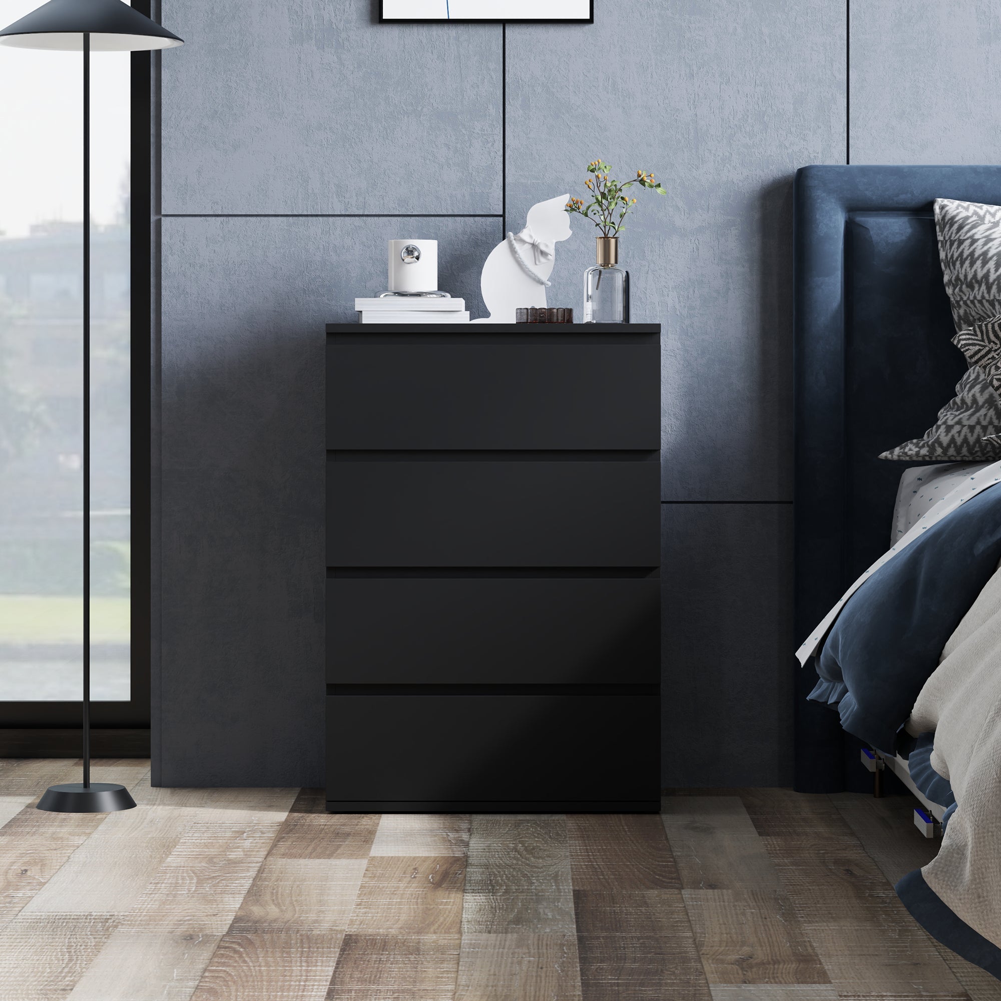 HOMCOM 4-Drawer Storage Tower: Freestanding Cabinet for Bedroom, Living Room Organization, Sleek Black Finish