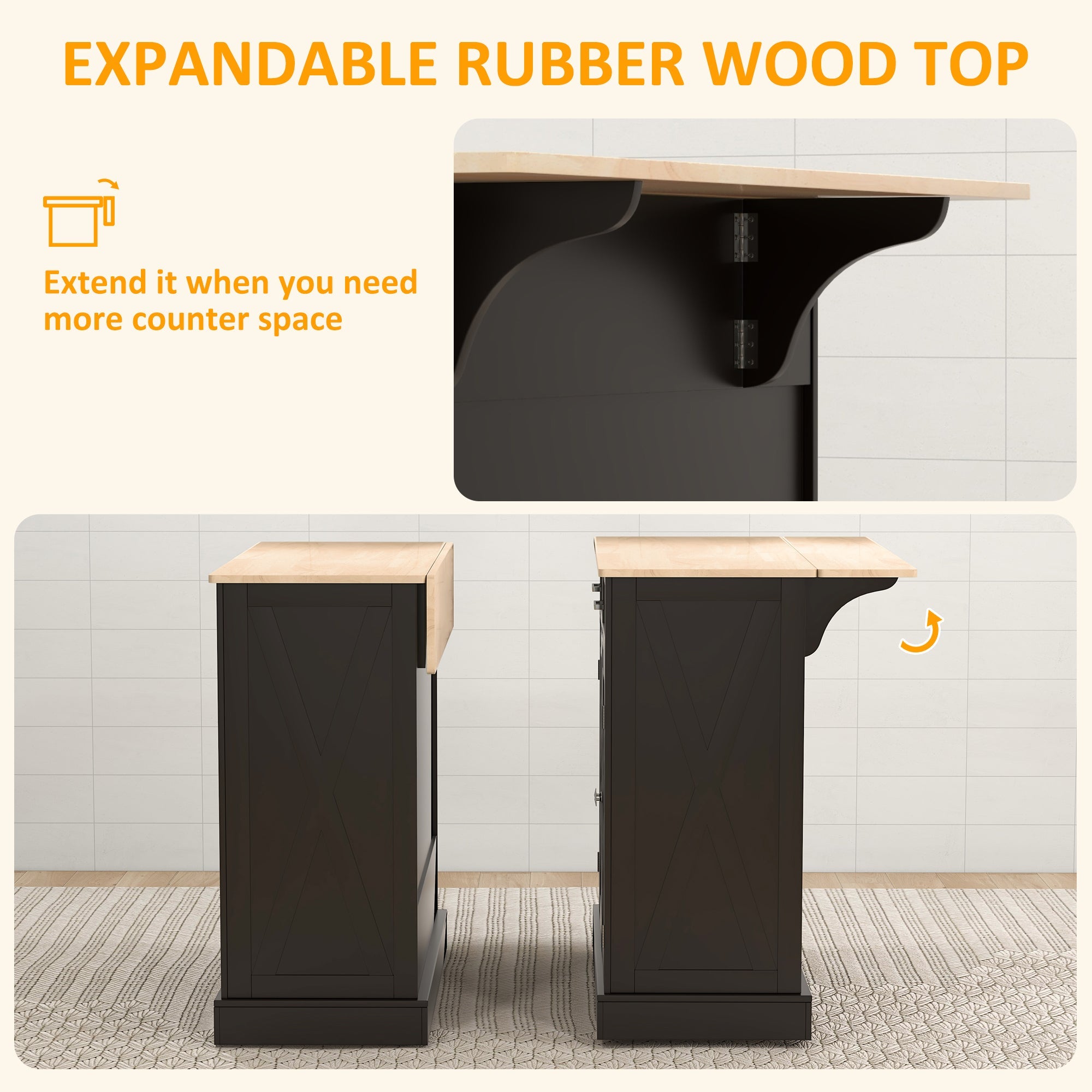 HOMCOM Ebony Culinary Companion: Black Kitchen Island with Beadboard, Rubberwood Cart, 2 Drawers, Adjustable Shelves for Storage