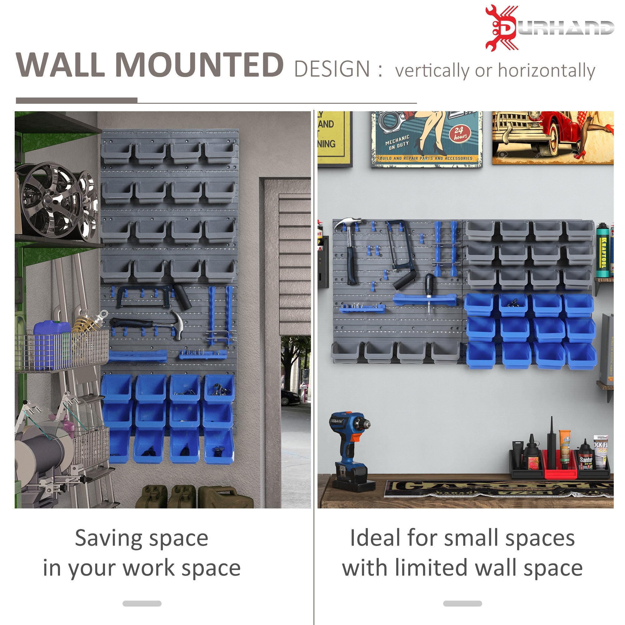 DURHAND Wall Storage System: 44-Bin Pegboard Organizer with Hooks for Garage Tool Storage, Blue