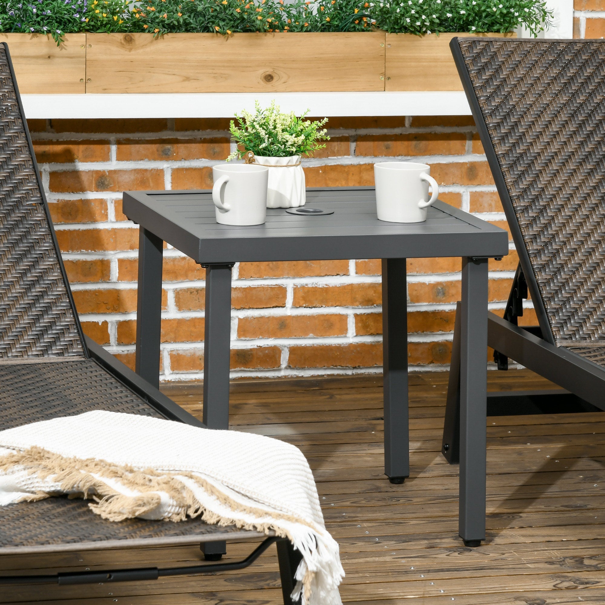 Outsunny Patio Side Table with Umbrella Hole Steel Frame Small Coffee Table Gray