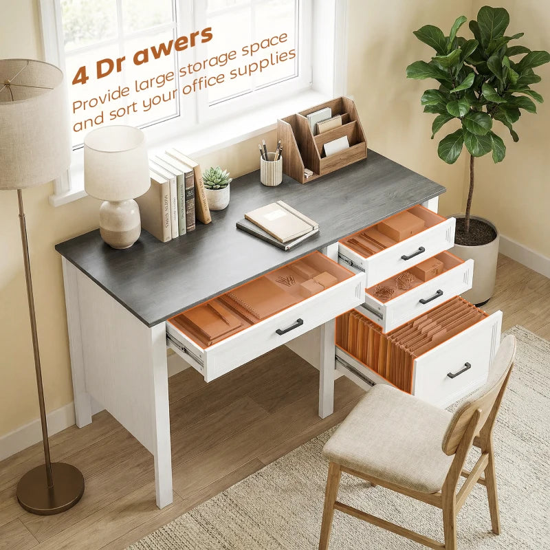 54" Farmhouse Executive Desk, Computer Desk with Drawers, Adjustable Hanging Rails for for A4/Letter Size Files, White