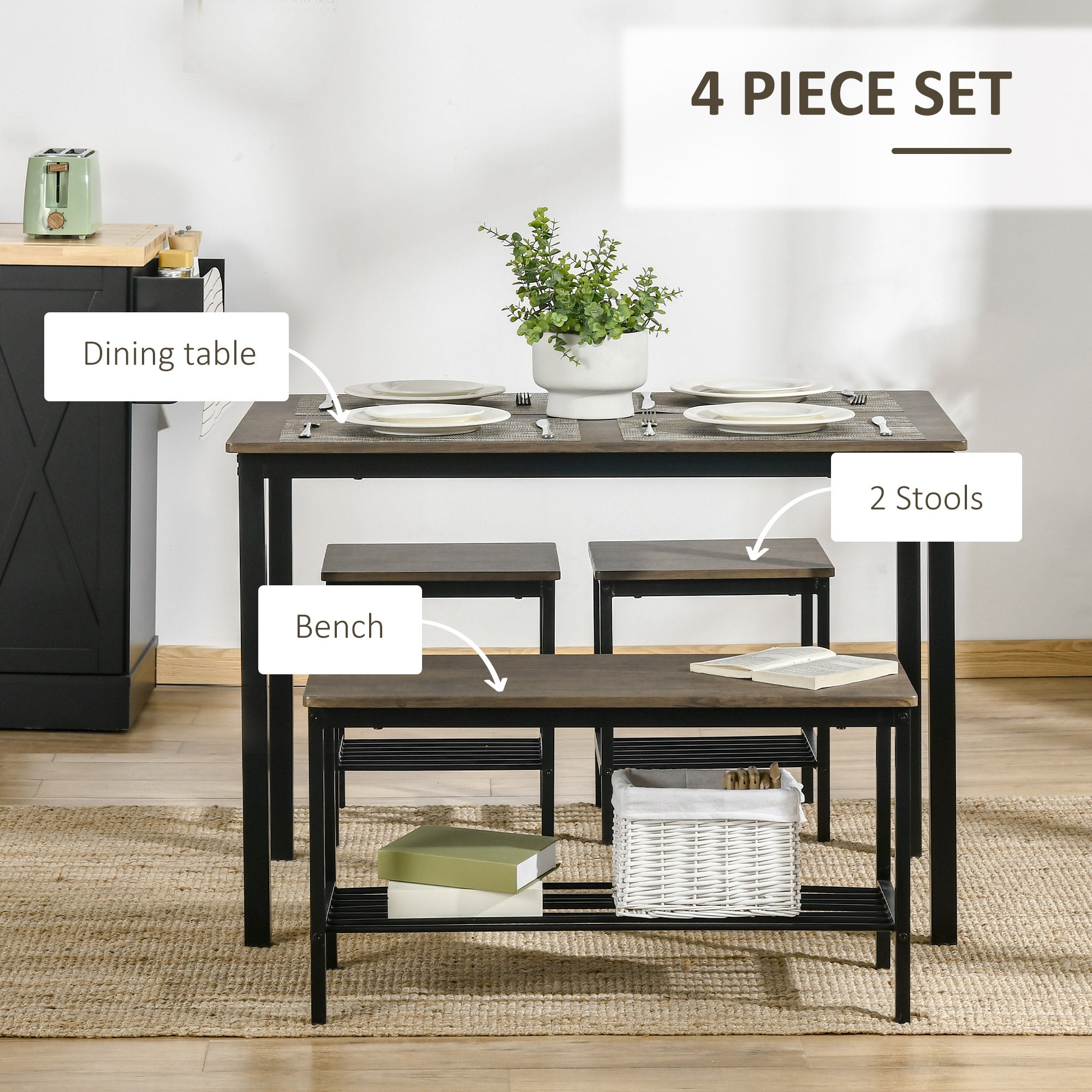 HOMCOM Industrial Dining Set: 4-Person Kitchen Table with Chairs and Bench, Metal Frame with Storage Shelf
