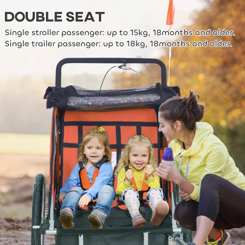 Aosom 2-in-1 Bike Trailer for Kids, Foldable 2-Seat Baby Stroller with 5-Point Harness, Rubber Wheels, Storage Bag, Orange