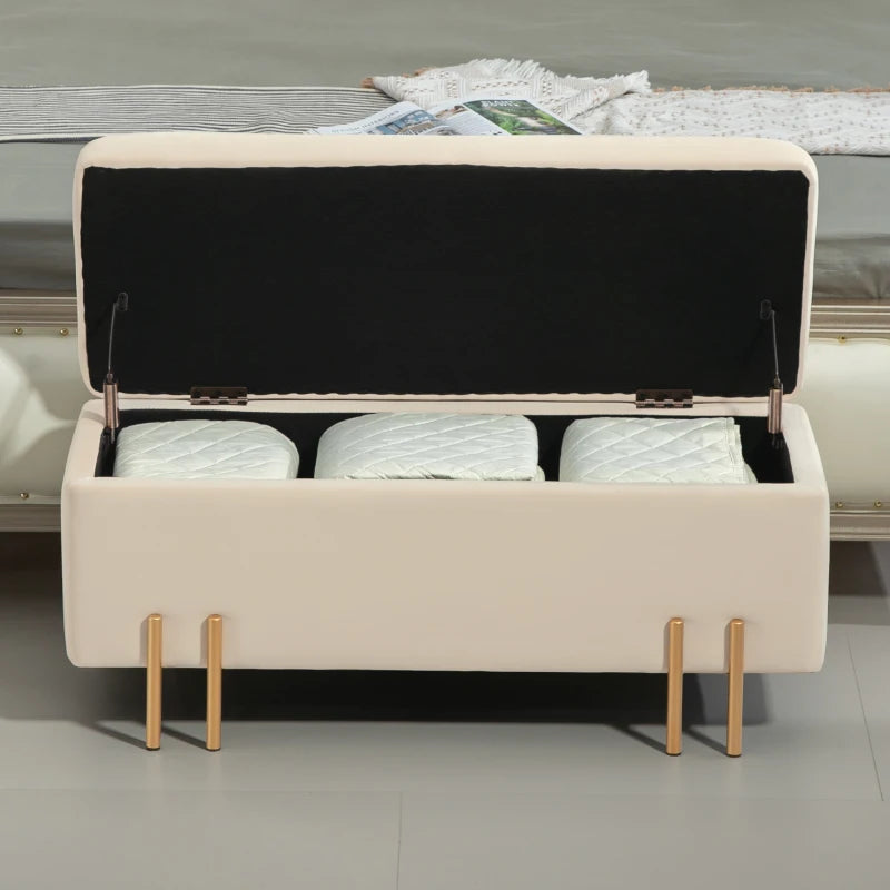 Storage Ottoman Bench, Flip-Top Bedroom Bench, 18.5 Gallons, Modern Velvet Storage Chest with Metal Legs, Beige