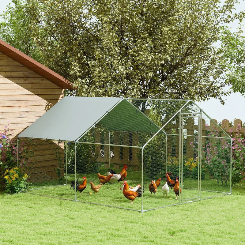 Metal Chicken Coop, 9.8 x 11.2 FT Walk-in Chicken Run with Cover, Lockable Door, Outdoor Poultry Cage for 10-15 Chickens