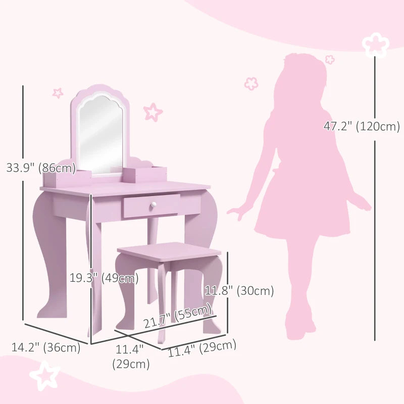 Qaba Makeup Vanity with Mirror and Stool, Cloud Design, Drawer, Storage Boxes, for 3-6 Years Old, Pink