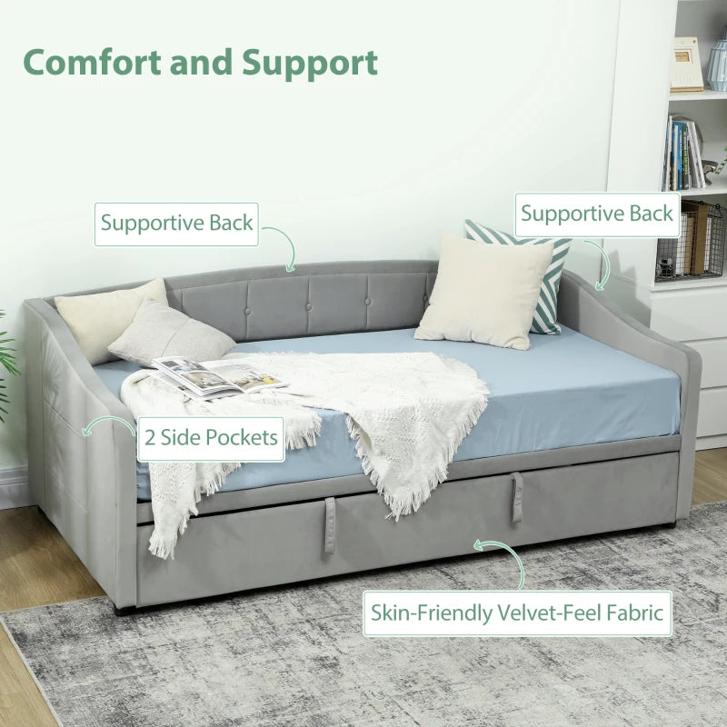 Upholstered Twin Size Trundle Bed, Velvet Twin to King Day Bed with Pop Up Trundle, Headboard and 2 Pockets, Light Grey