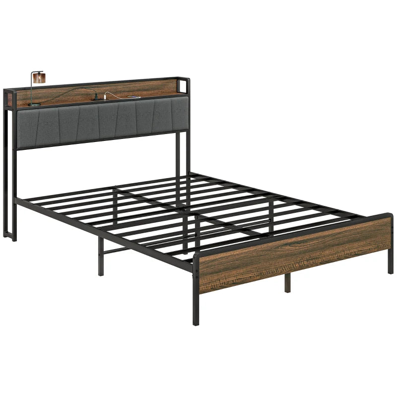 Queen Size Bed Frame with Charging Station, Queen Bed Frame with Upholstered Headboard and Storage Shelf, Walnut