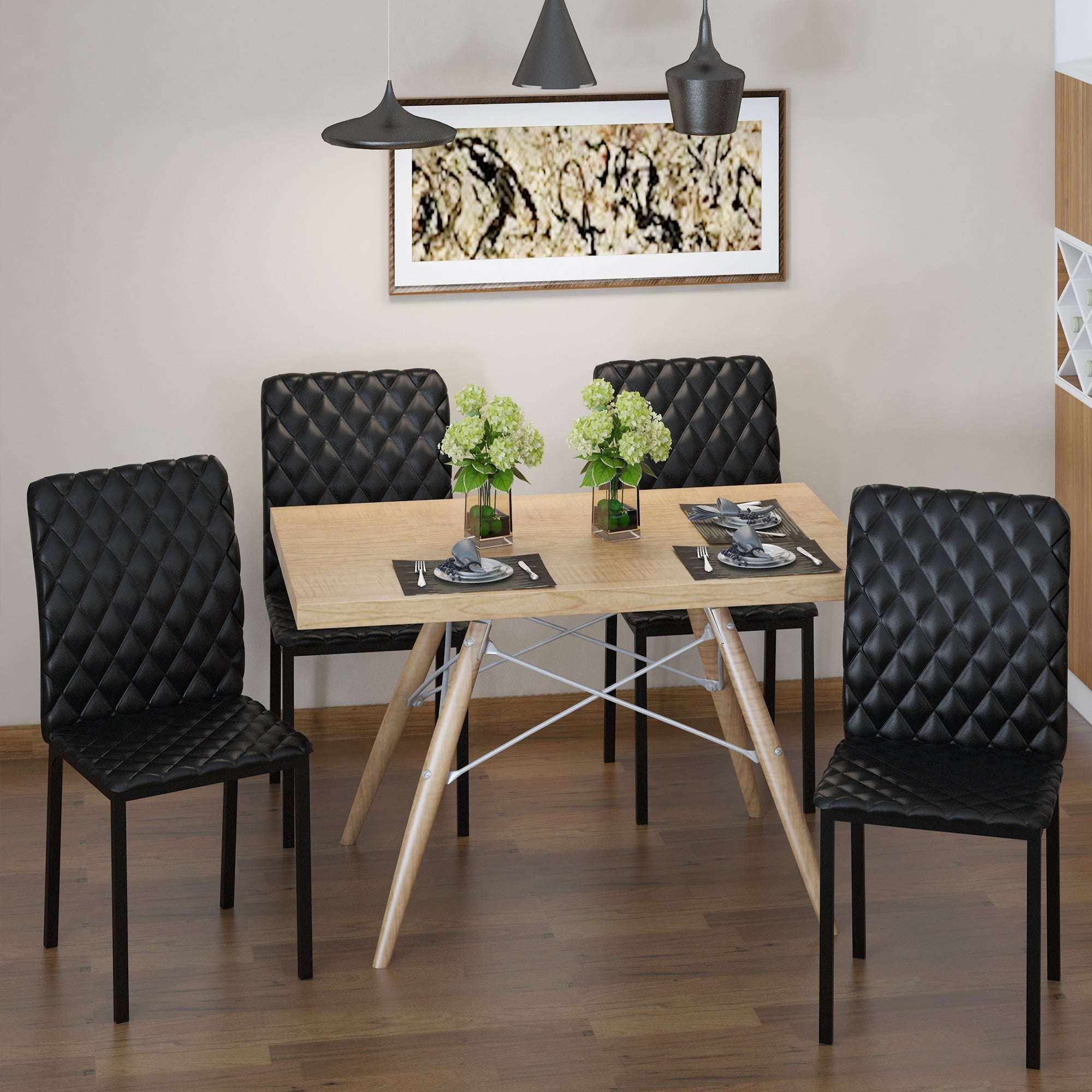 HOMCOM Set of 4 Black Modern Dining Chairs Upholstered Faux Leather with Metal Legs for Kitchen