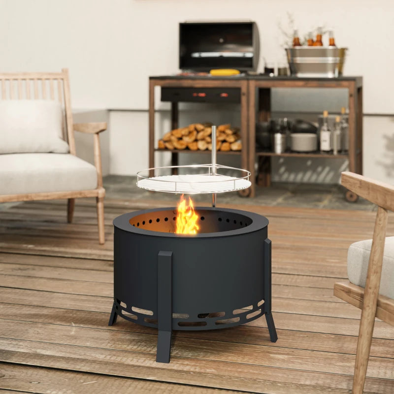 Outdoor Fire Pit, Round Firepit with Grill Grate, Fire Bowl with Ash Catcher and Poker for Backyard Camping Bonfire Picnic, Black