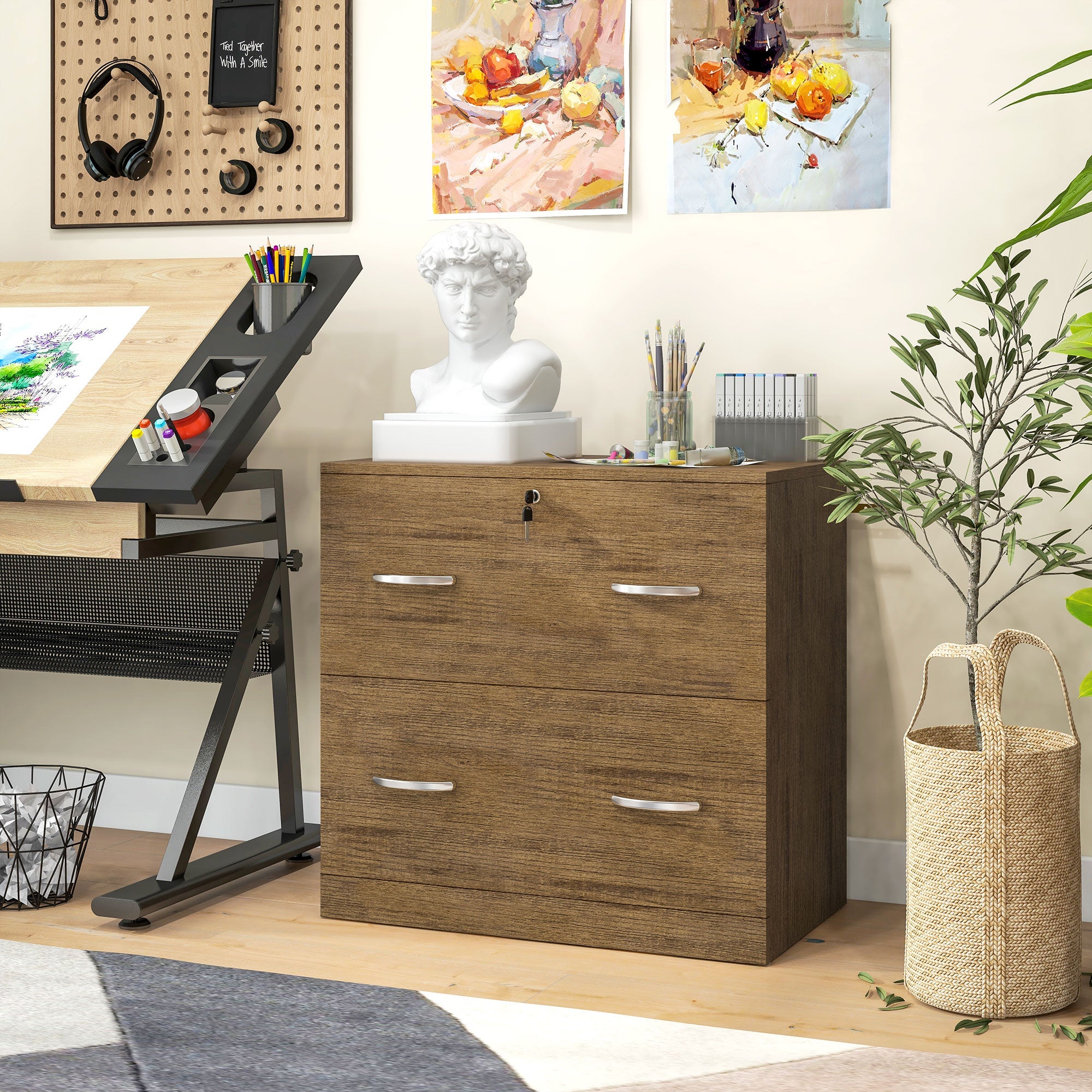 Vinsetto 2 Drawer File Cabinet with Lock, Office Filing Cabinet, Hanging Bar for Letter Size, Home Office, Light Brown