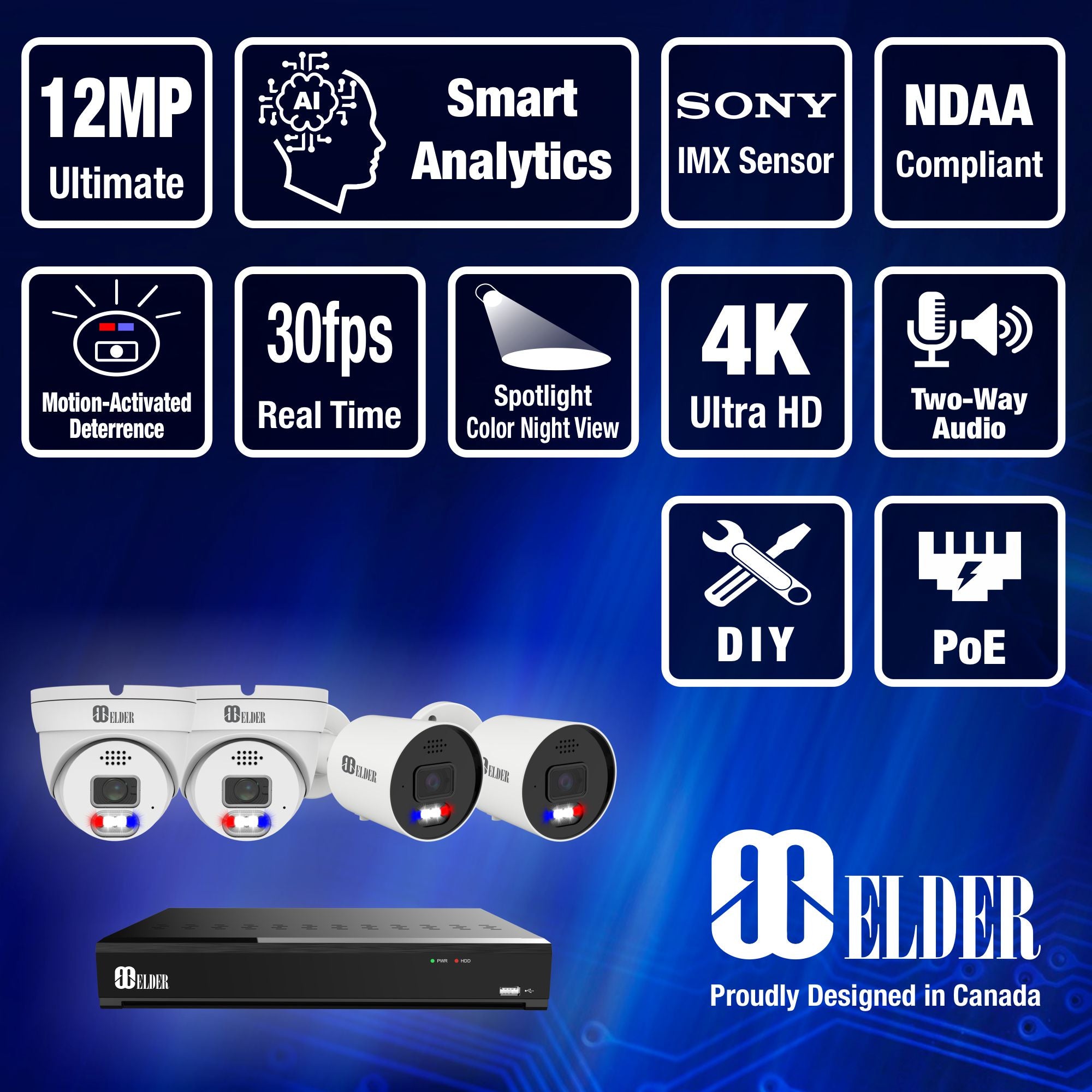 Elder AI Security Camera System 12MP NVR 8Ch PoE, 4K Cameras 30FPS Dual-Light Outdoor, Sony Sensor & NDAA, Smart Face & License Plate, Full Color Surveillance Wired NocVU Series