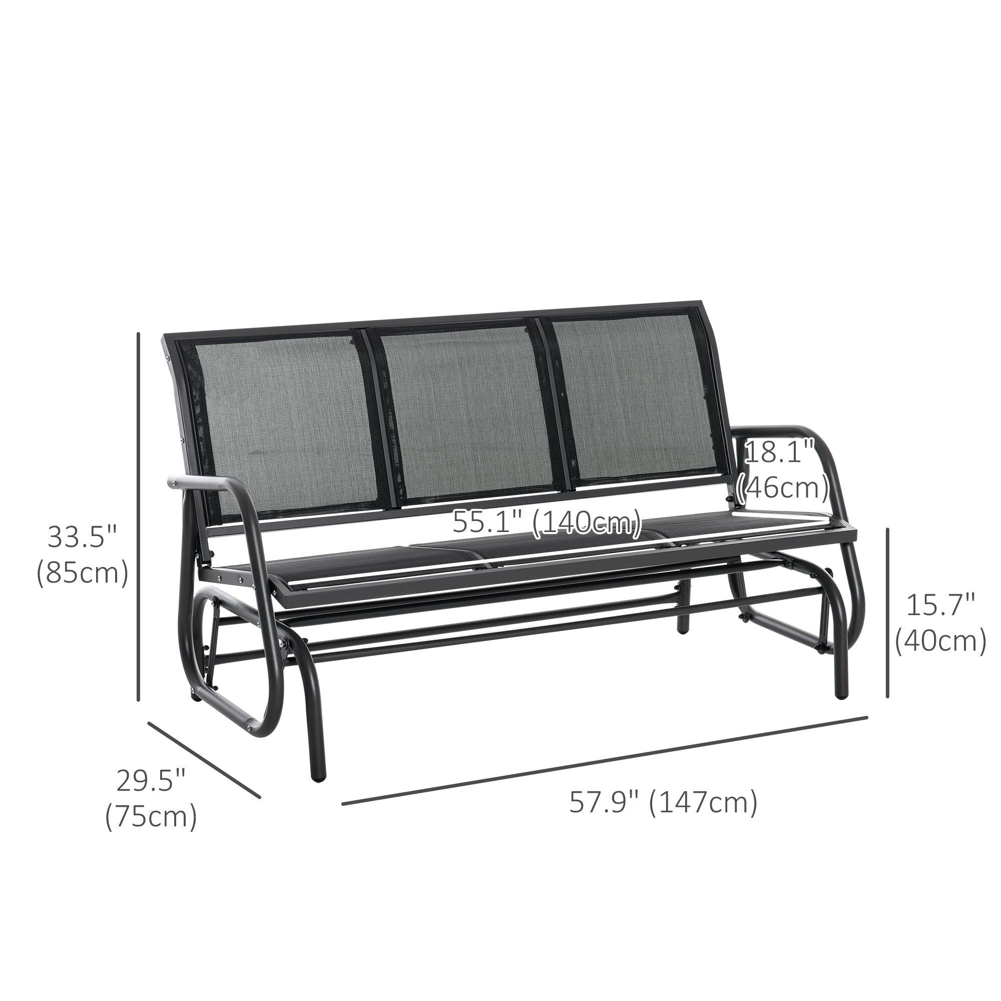 Outsunny 3-Seat Patio Glider Rocking Chair Outdoor Garden Rocker Steel Frame Black Comfortable