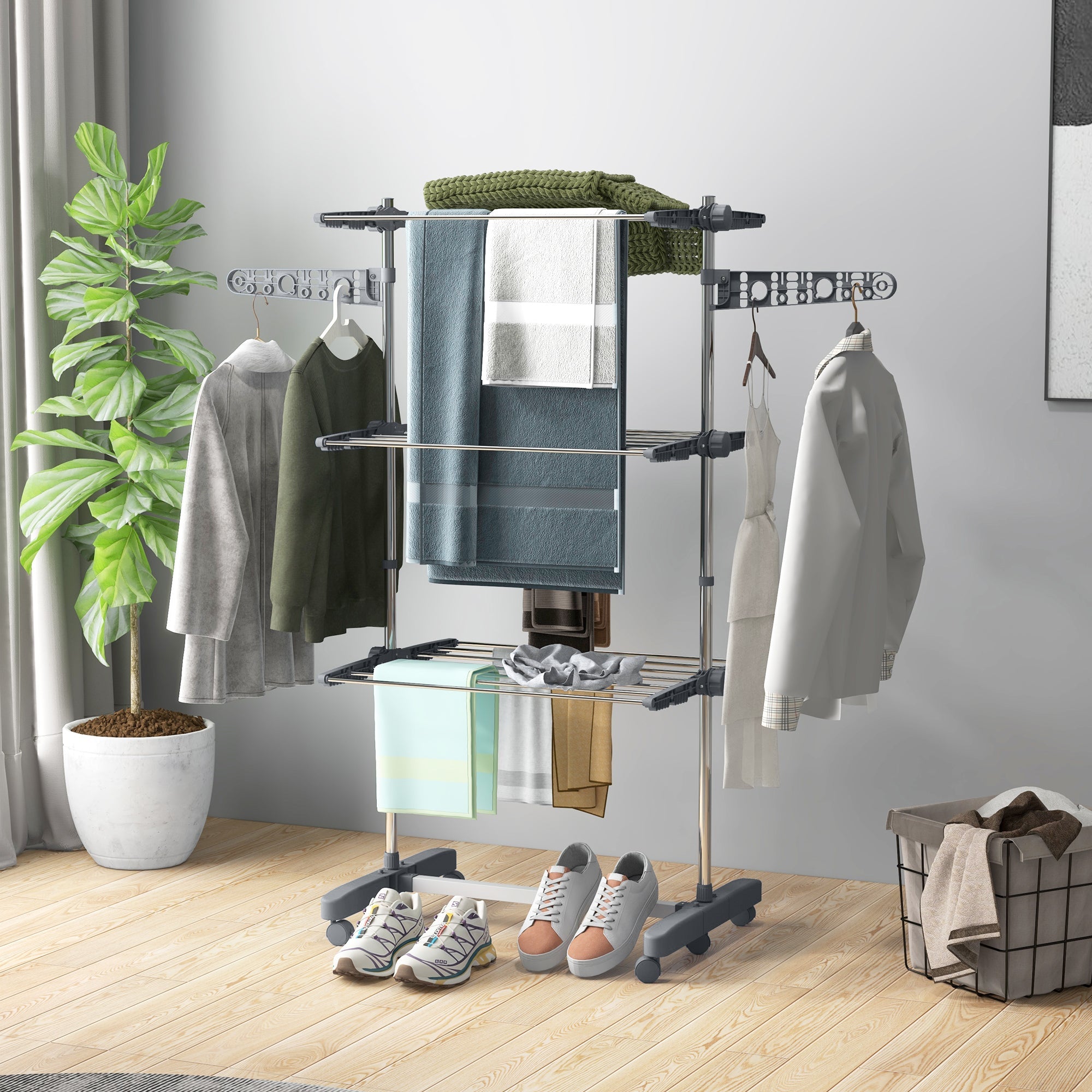 HOMCOM Laundry Rack Drying 3 Layers Stainless Steel Foldable Clothes Airer with Side Wings 6 Castors Grey