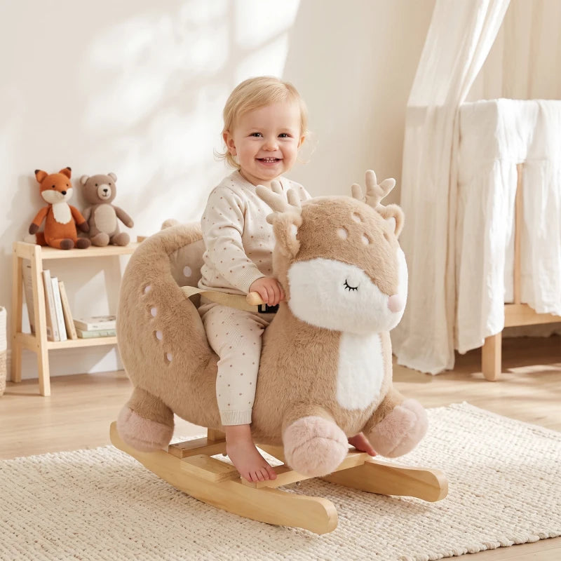 Toddler Deer Rocking Horse with Animal Sound, Safety Belt & Rocking Stopper – Brown