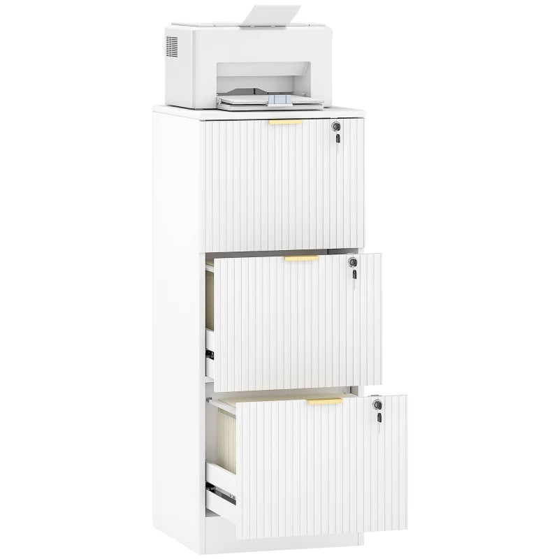 Lockable Filing Cabinet with 3 Fluted Drawers, File Cabinet with Adjustable Hanging Rails for A4 Letter Files, White