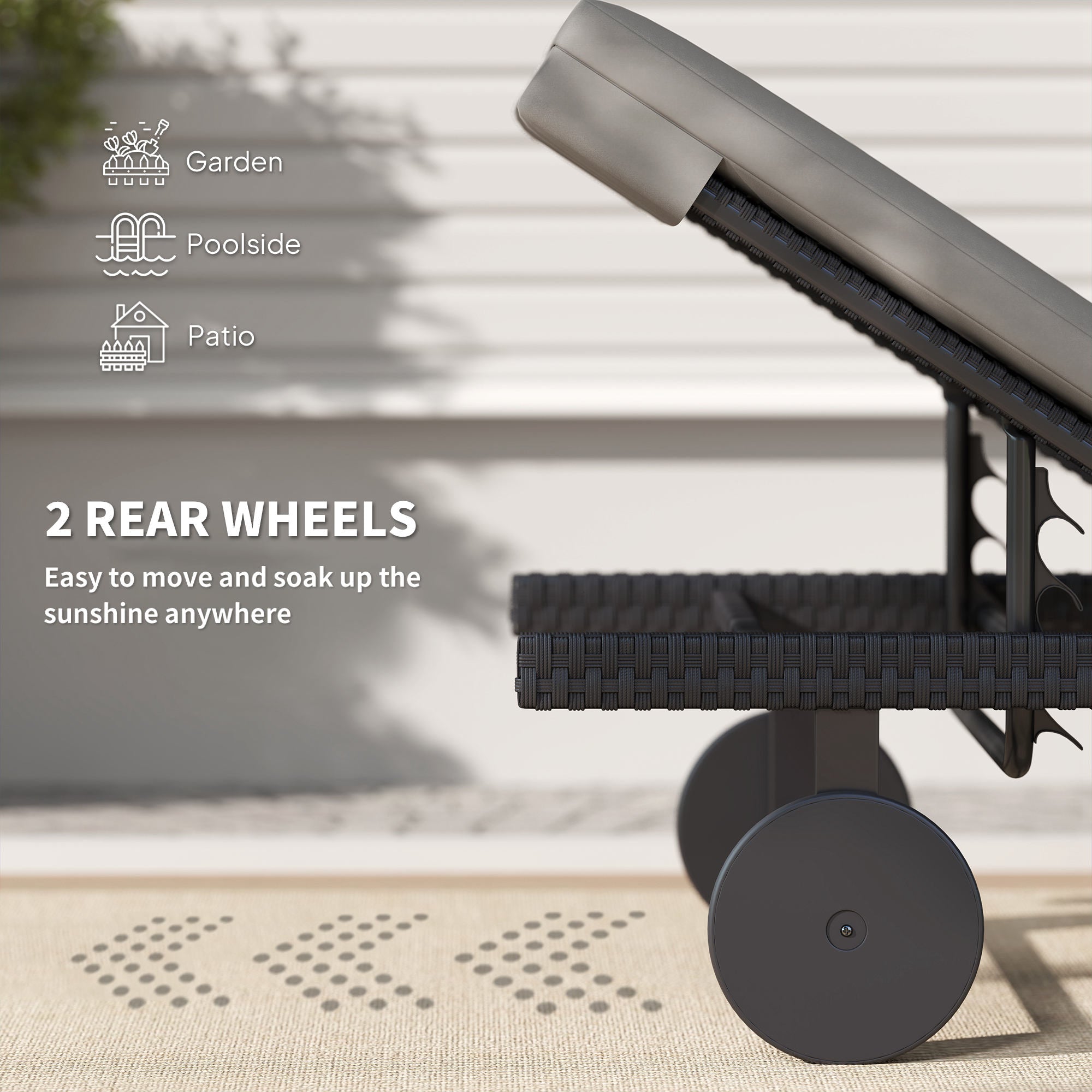 Outsunny PE Rattan Tanning Chair, Outdoor Patio Lounger with 5-Level Adjustable Back, Wheels and Cushion, Grey