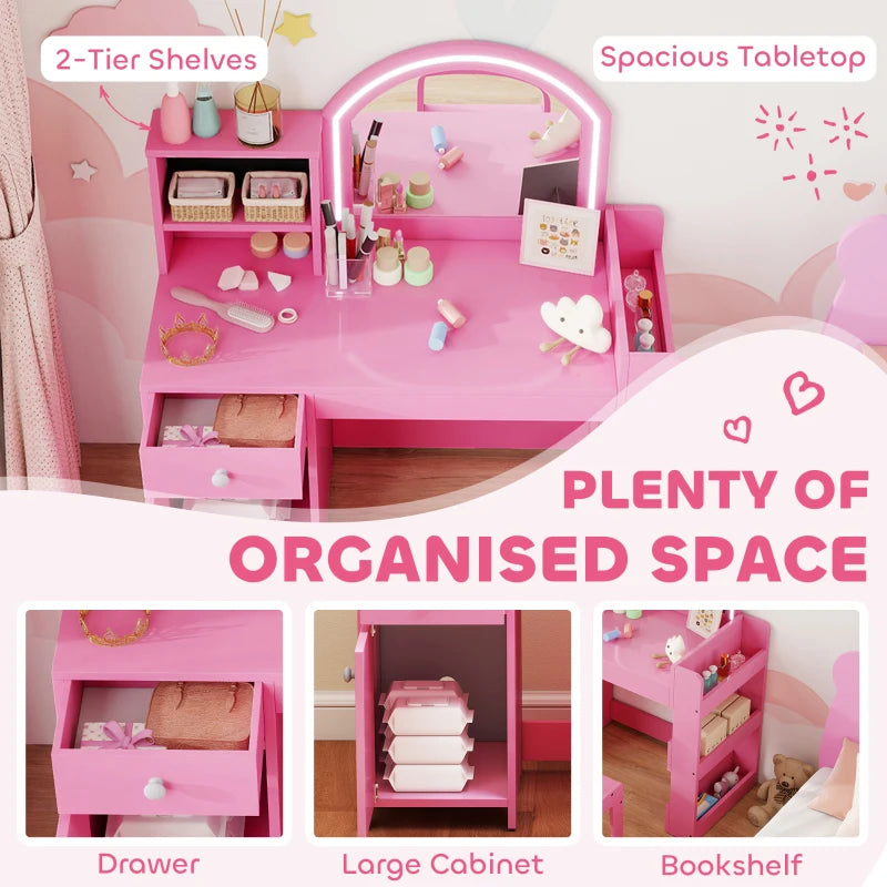 Qaba Kids Vanity Set, Toddler Dressing Table and Chair Set with Lighted Mirror, Cabinet, Drawer and Shelves, Pink