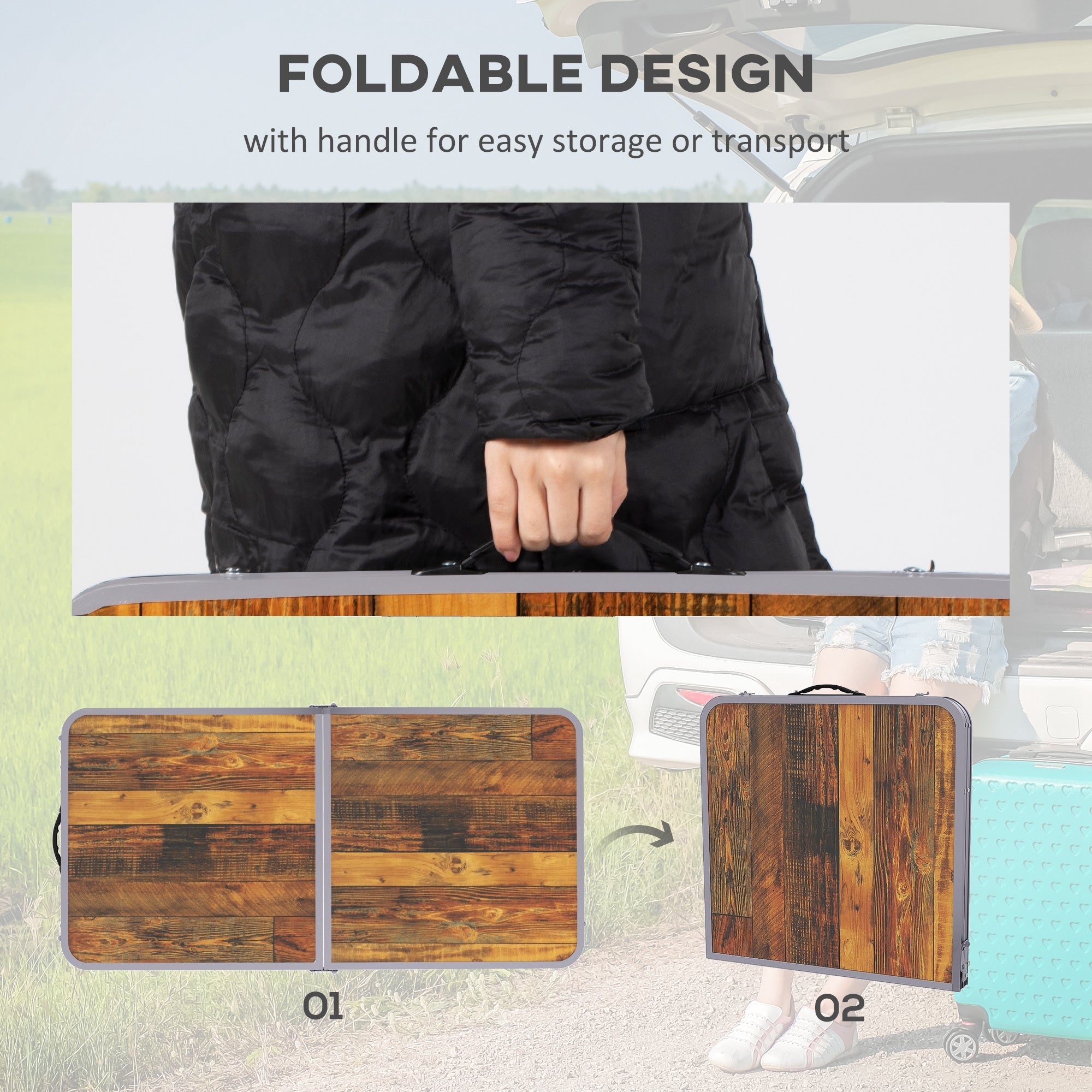 Outsunny Adjustable Height Outdoor Folding Picnic Table Portable Aluminum Frame for Camping BBQ Coffee