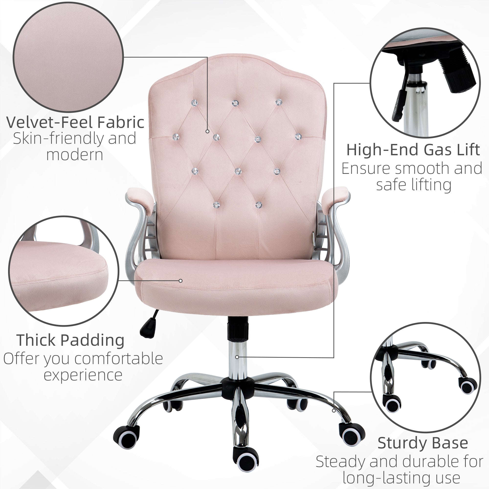 Vinsetto Chic Velvet Home Office Chair: Pink Button Tufted, Swivel Desk Chair, Adjustable Height, Tilt Function