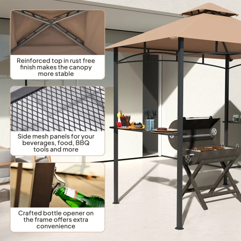8' x 5' BBQ Grill Gazebo Tent with Double Tiered Canopy for Outdoor Sun Shade, Khaki