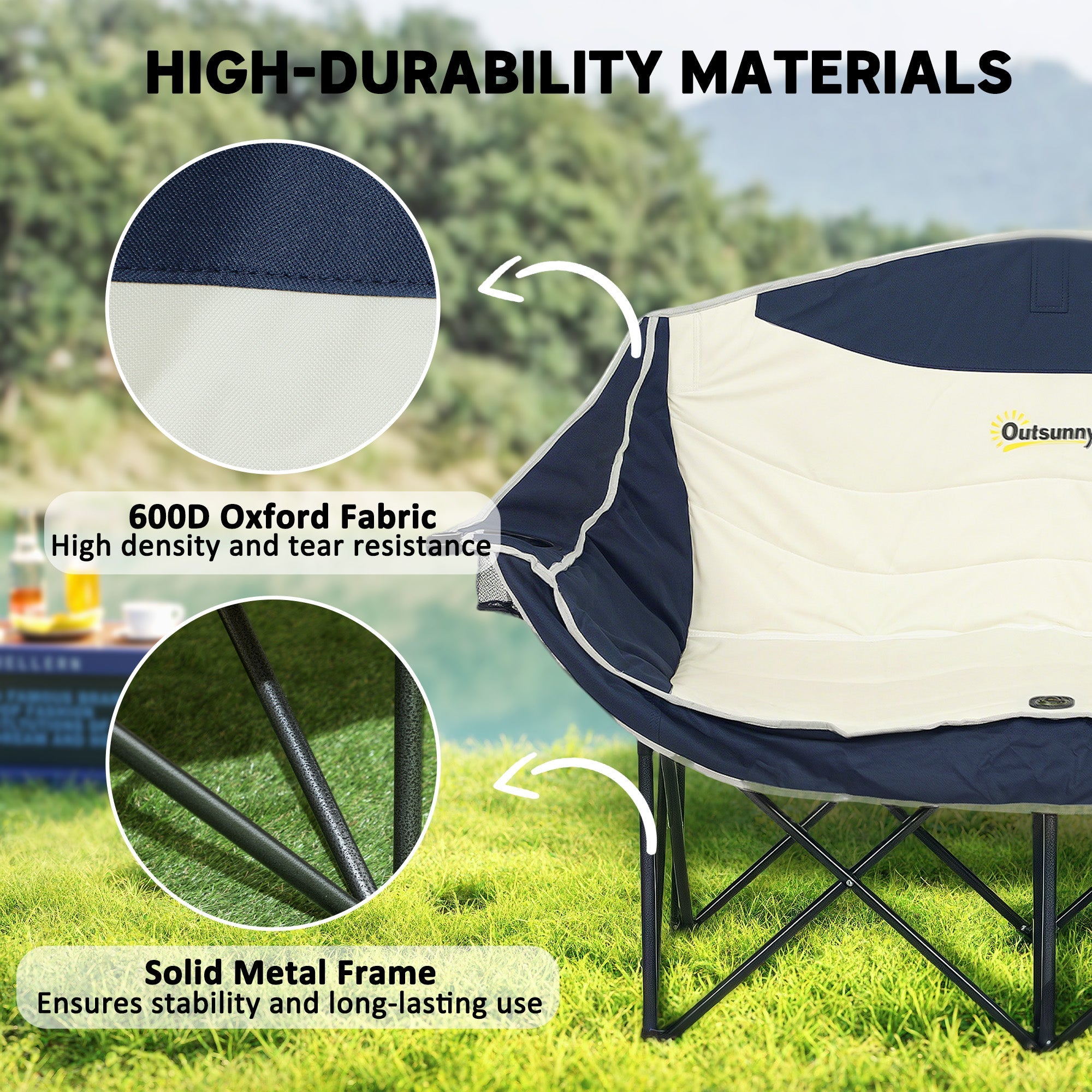 Outsunny Portable Camp Chair, Double Camping Chair with Cup Holders and Carry Bag, Support 551 lbs, Navy Blue