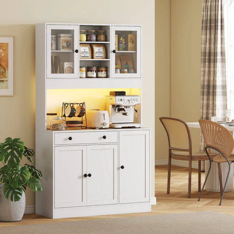 Tall Kitchen Pantry with LED Light, Freestanding Storage Cabinet with Hutch, Shelves, Drawer, Doors, White