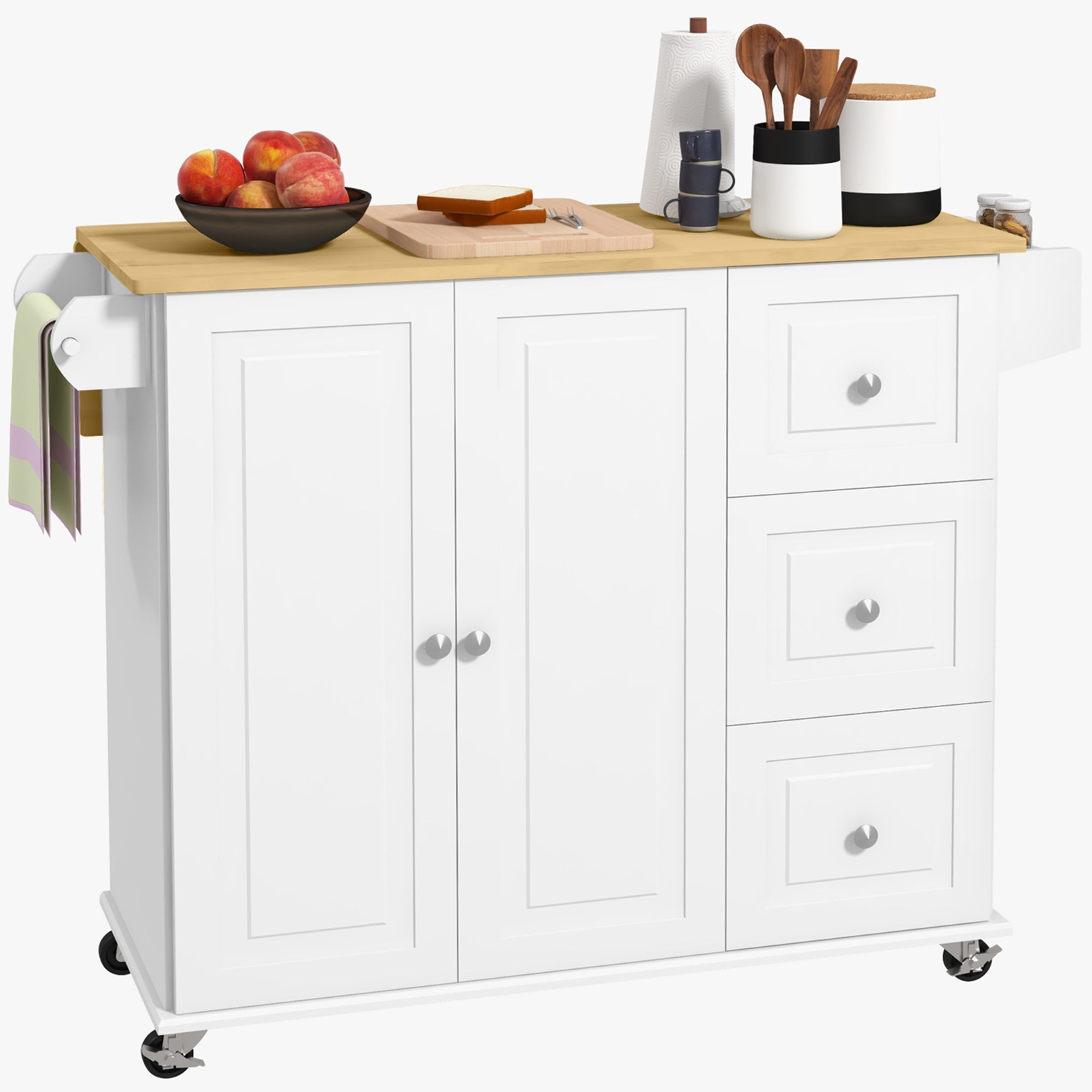 HOMCOM Rolling Kitchen Sidekick: White Island Cart with Drop Leaf, 3 Drawers, Spice Rack, Towel Rack, Natural Wood Top